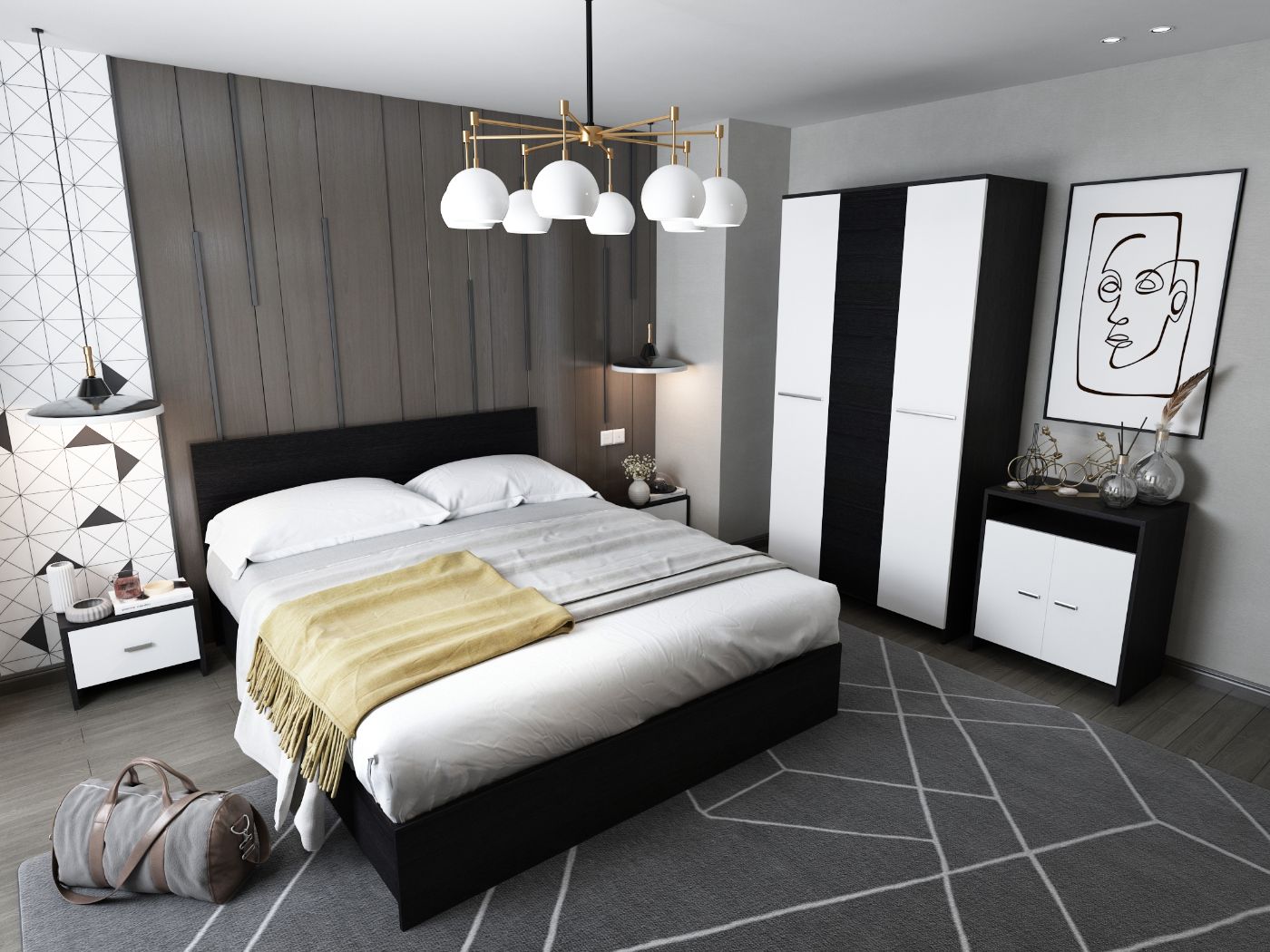 Set Dormitor Noce 3.12m cu pat tapitat Alb incadrat Mobila Laguna