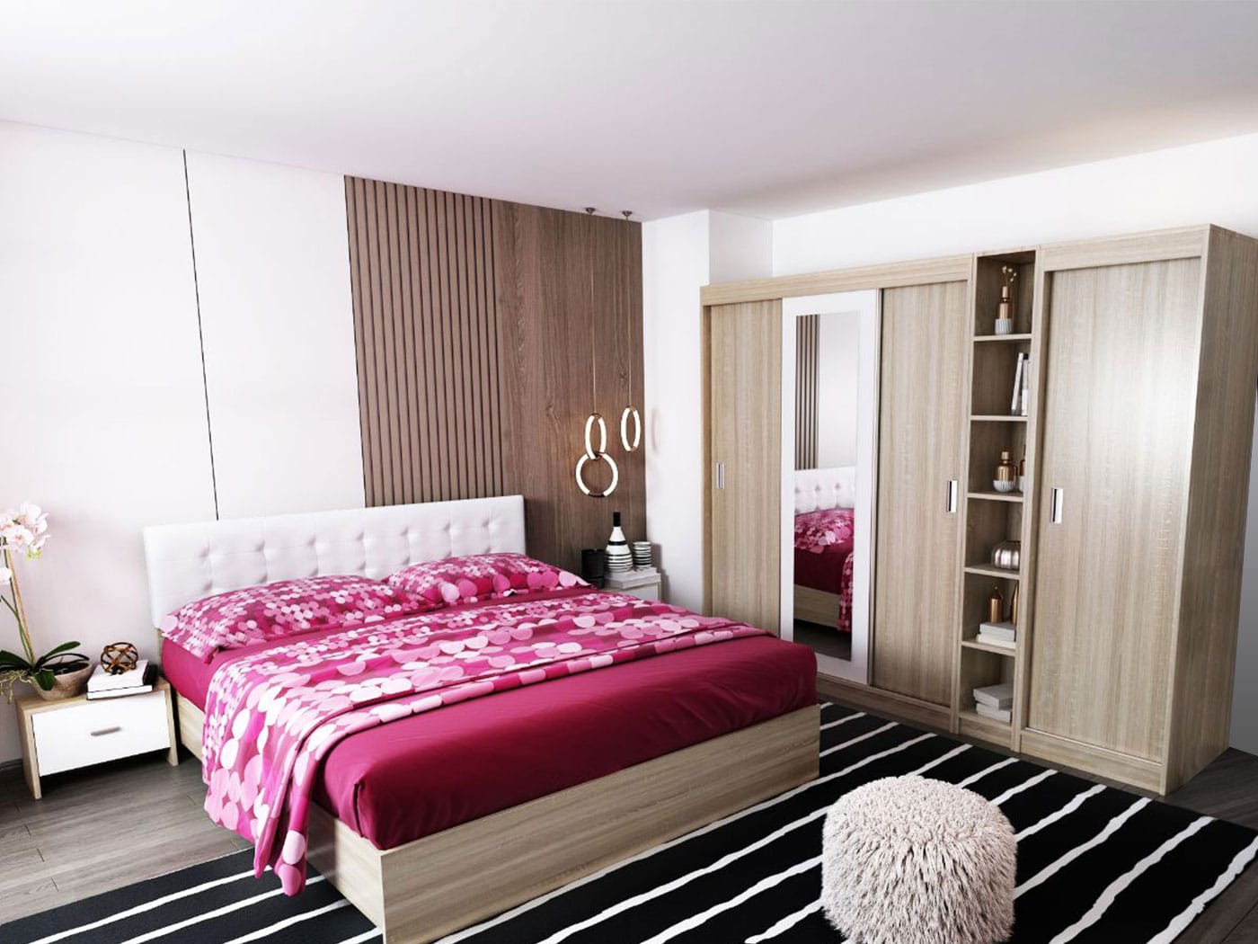 Set Dormitor Timea 3.33m cu pat tapitat Alb incadrat Mobila Laguna