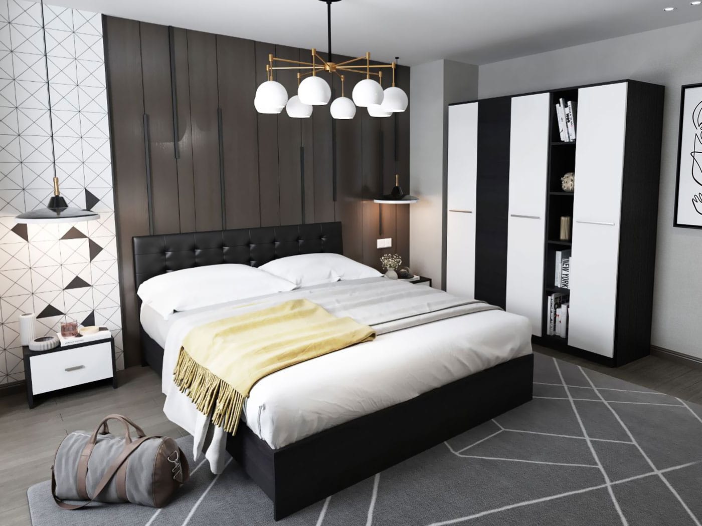 Set Dormitor Mario 3U 5 piese tapitat negru Mobila Laguna imagine 2022