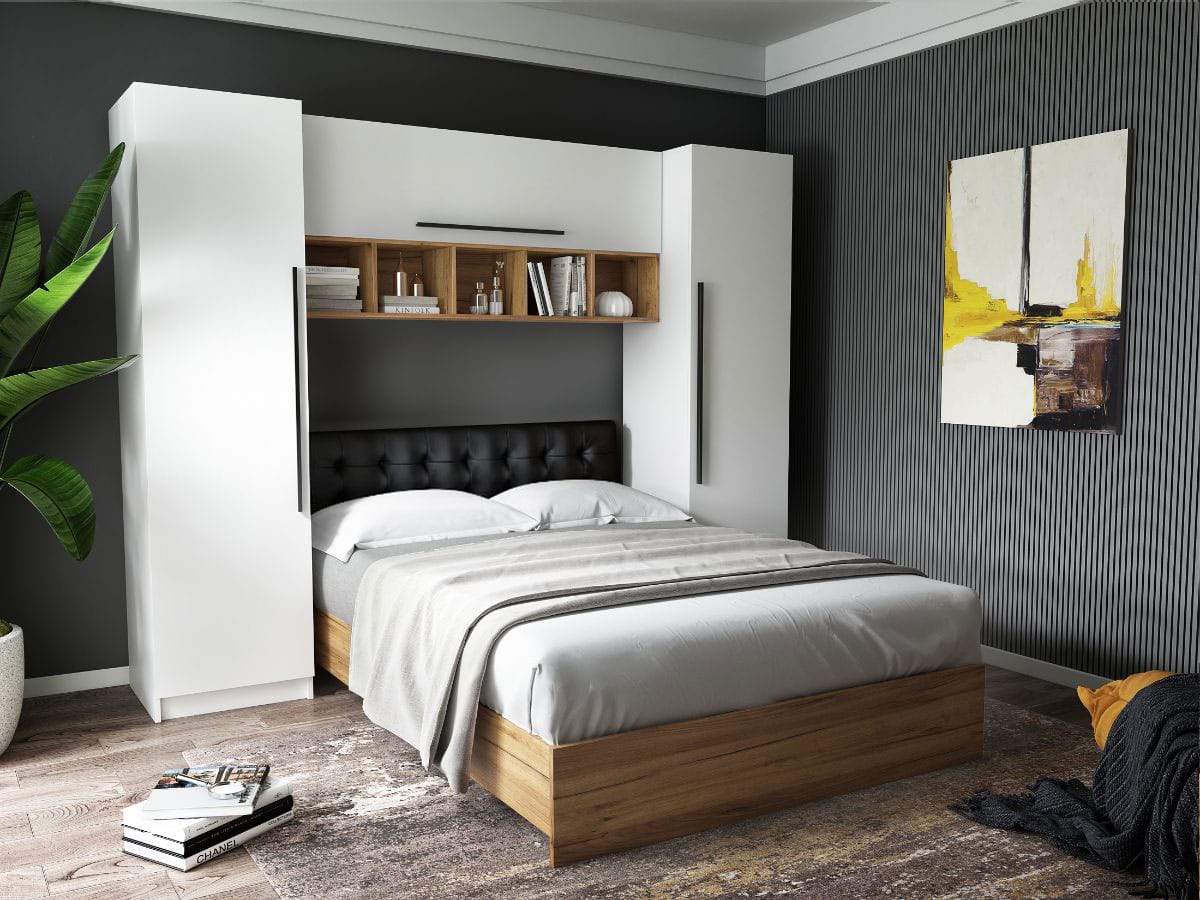 Set Dormitor Timea 2.56m cu pat tapitat negru incadrat