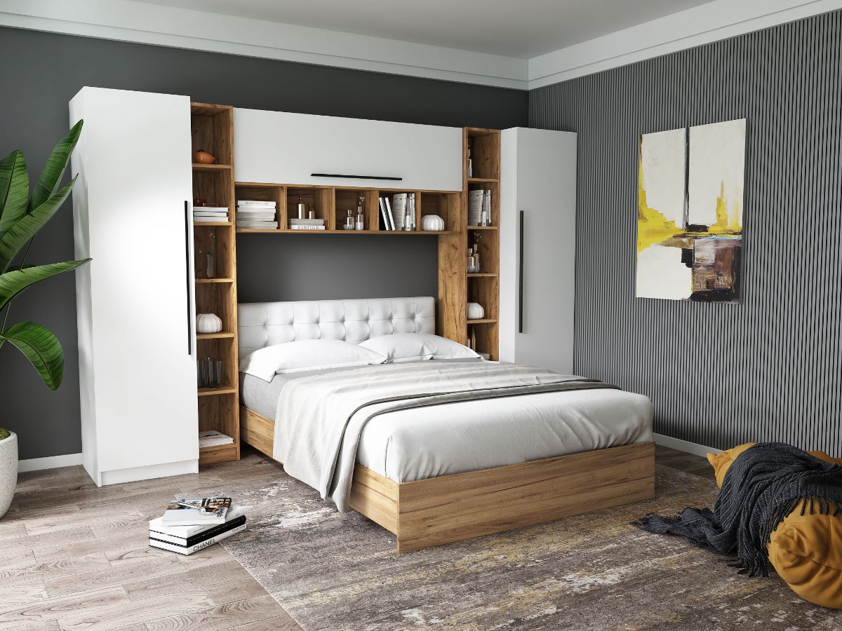 Set Dormitor Timea 3.12m cu pat tapitat Alb incadrat Mobila Laguna imagine 2022