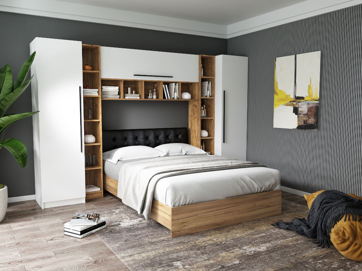 Set Dormitor Timea 3.12m cu pat tapitat Negru incadrat 3.12m imagine noua