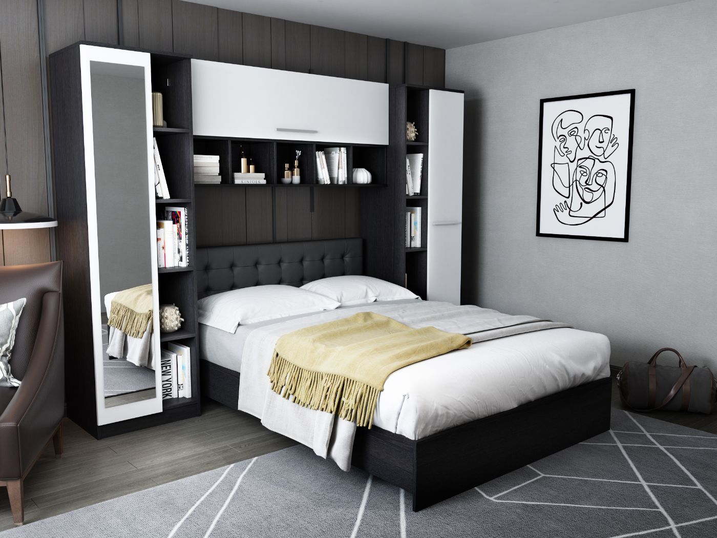 Poza Dormitor Mario 2.87m pat incadrat si oglinda tapitat negru