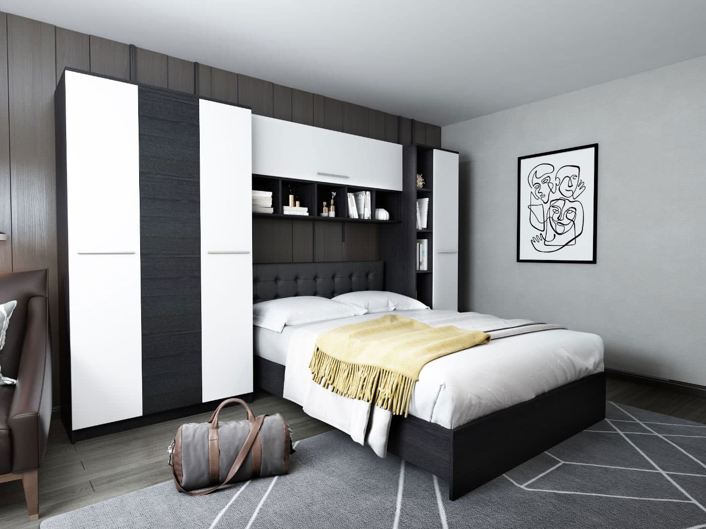 Dormitor Mario 3.44m pat incadrat tapitat negru Mobila Laguna