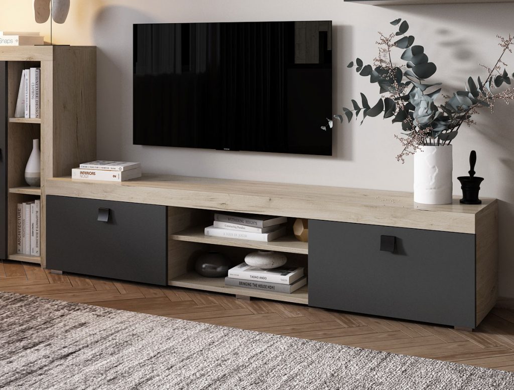 Ontario Comoda TV - mobila living sufragerie modulara gri cu stejar