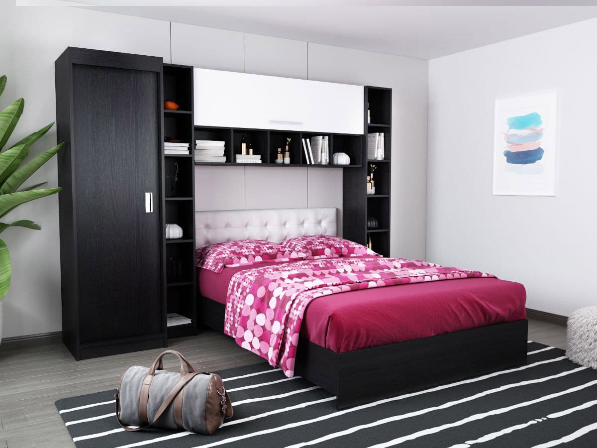 Set Dormitor Bingo 2.55m cu pat tapitat alb incadrat 2.55m imagine noua