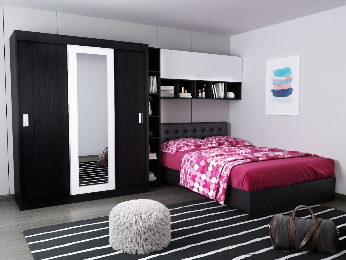 Set Dormitor Bingo 3.35m cu pat tapitat Negru incadrat Mobila Laguna imagine 2022
