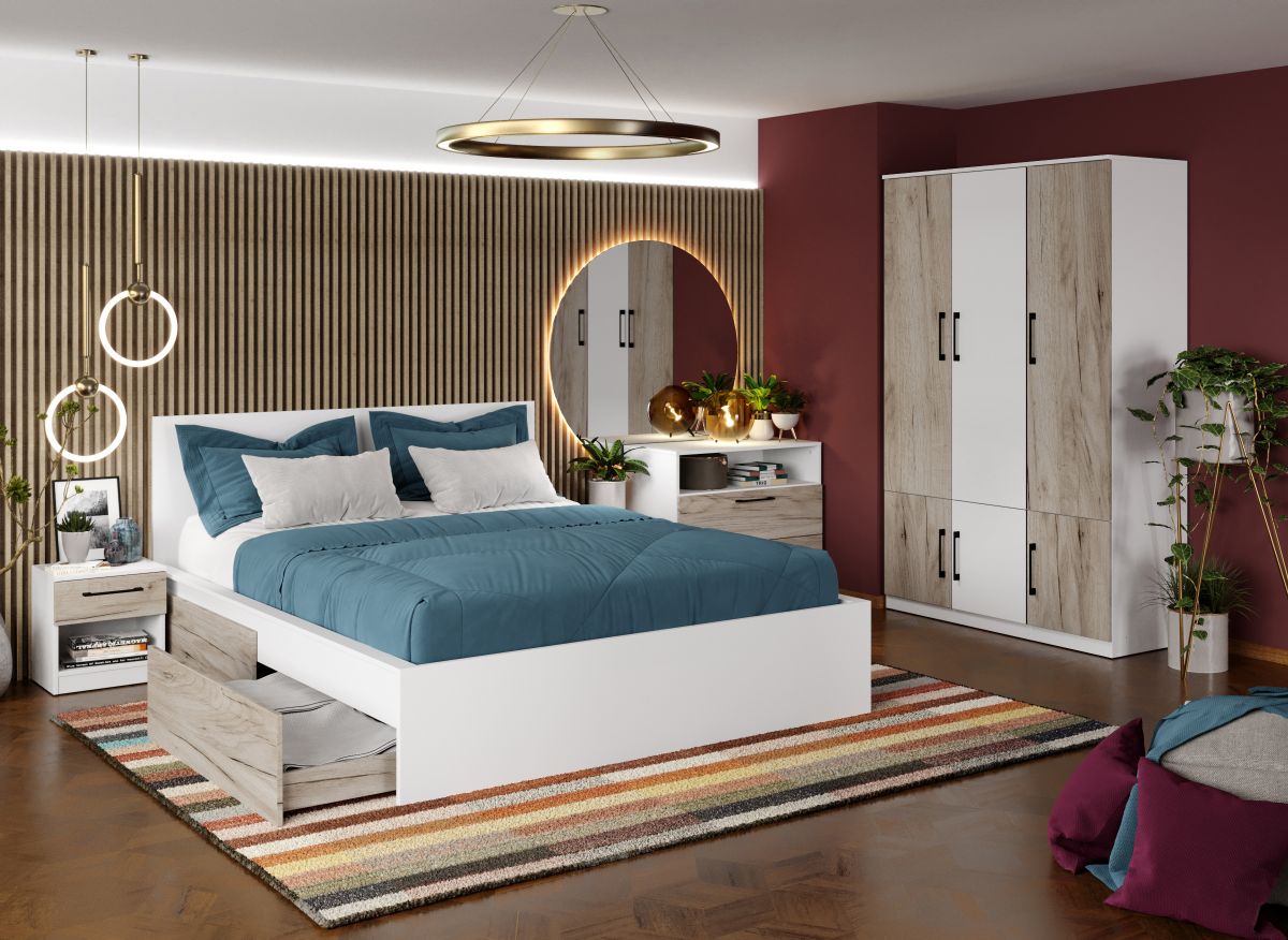Set Dormitor Timea 2.33m cu pat tapitat Alb incadrat Mobila Laguna