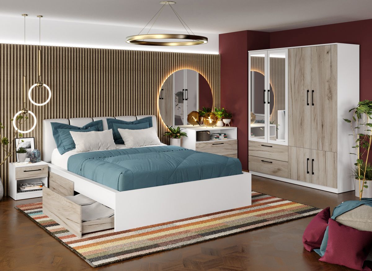 Set Dormitor Timea 3.05m cu pat tapitat Alb incadrat Mobila Laguna