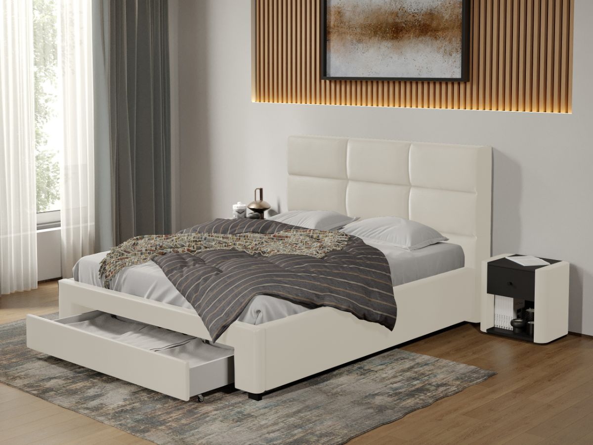 Pat tapitat Cico cu sertar 170 x 114 C1 din piele/stofa Alb - Nube 1