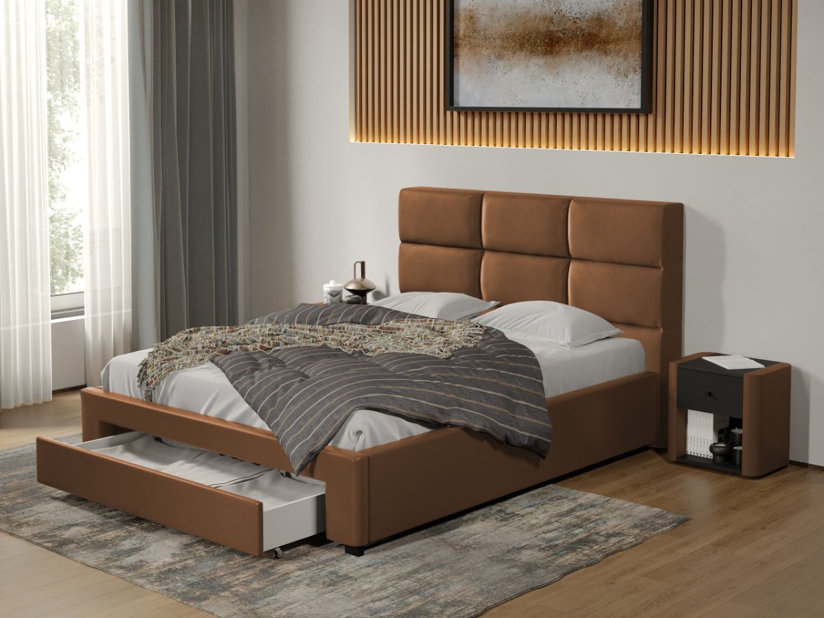 Pat tapitat Cico cu sertar 170 x 114 C1 din piele/stofa Maro - Nube 23