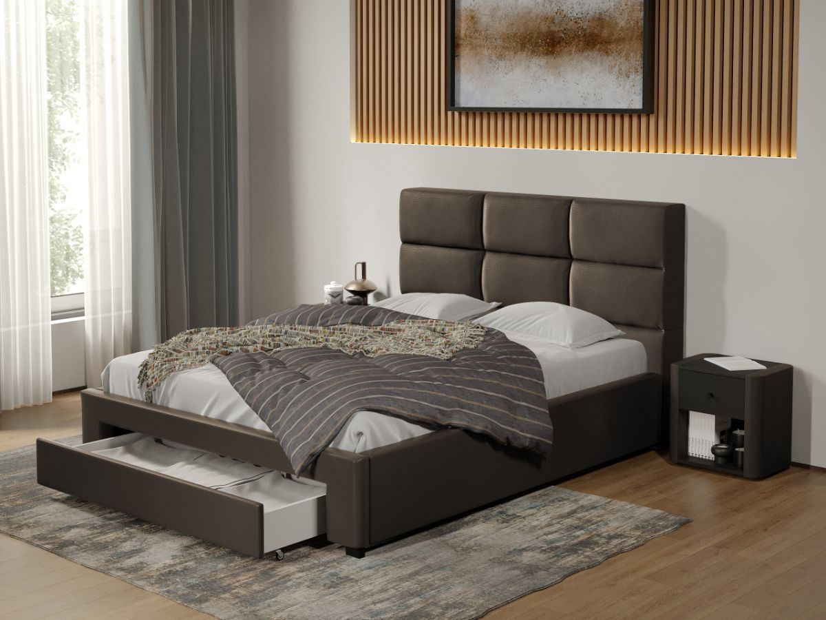 Pat tapitat Cico cu sertar 170 x 114 C1 din piele/stofa Ciocolatiu - Nube 29