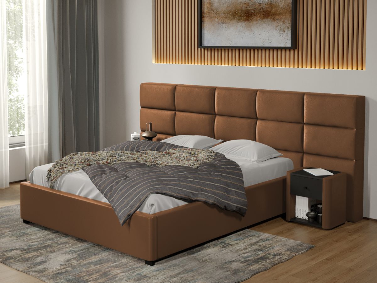 Pat tapitat Cico fix 287 x 114 C2 din piele/stofa Maro - Nube 23 140x200