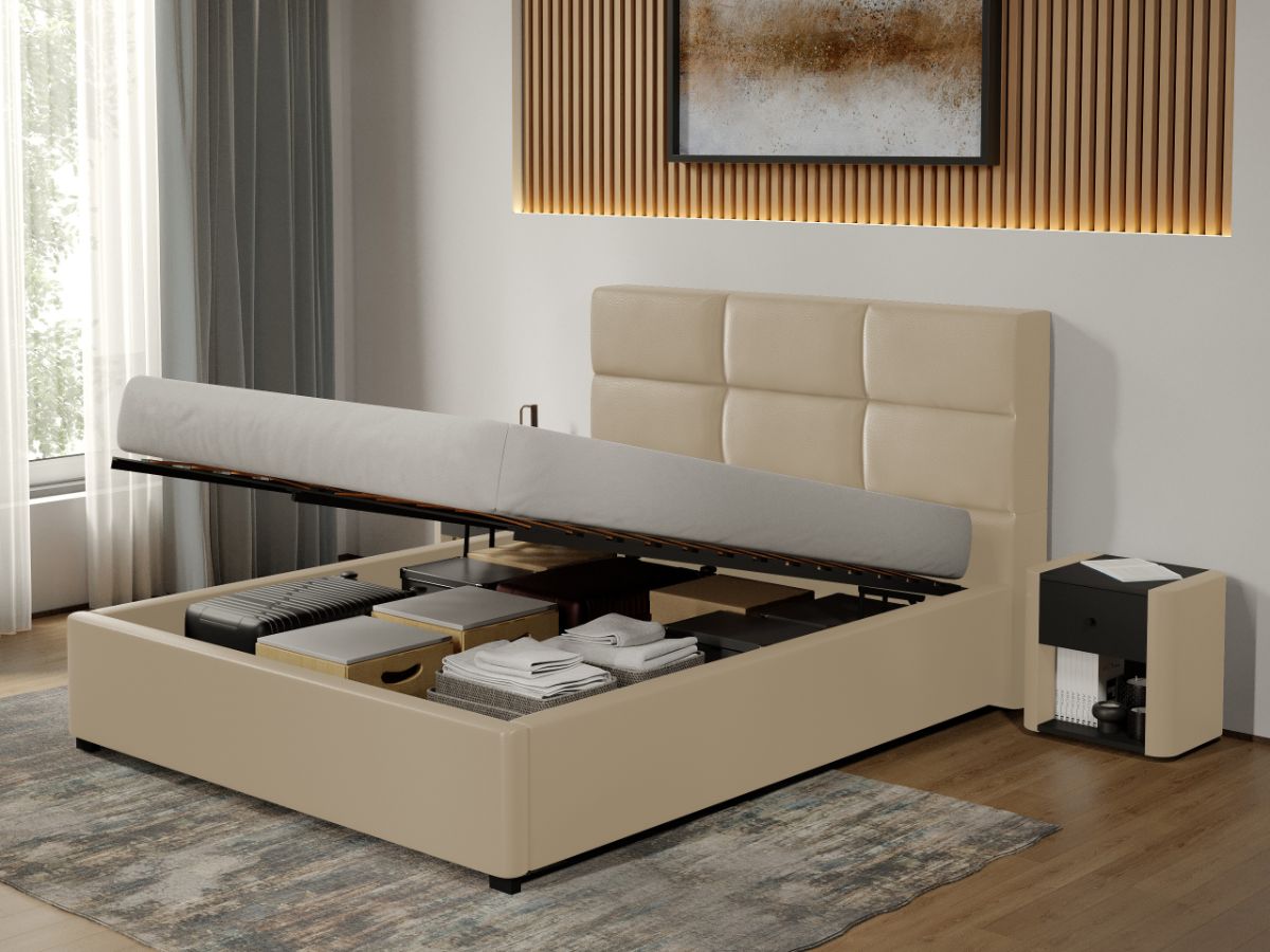 Pat Tapitat Cico de 190 rabatabil 170 x 114 C1 din piele/stofa Crem - Nube 4 160x190