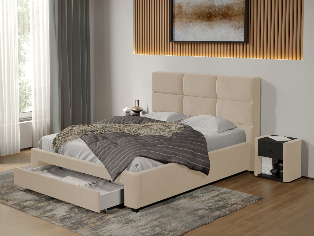 Pat tapitat Cico cu sertar 170 x 114 C1 din piele/stofa Bej - Falcone 102