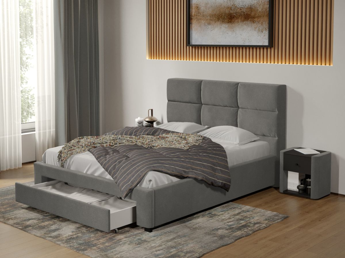 Pat tapitat Cico cu sertar 170 x 114 C1 din piele/stofa Gri - Falcone 21
