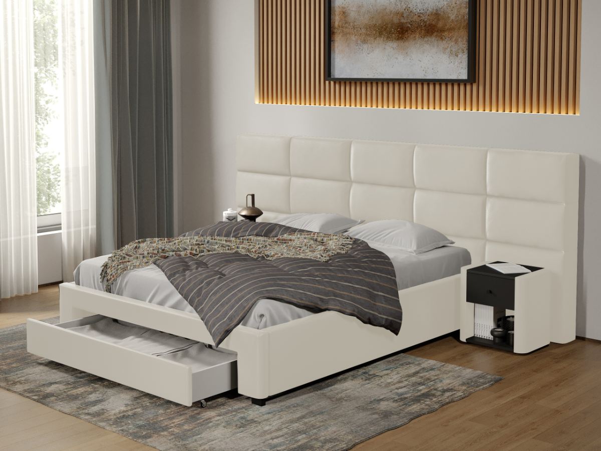 Pat tapitat Cico cu sertar 287 x 114 C2 din piele/stofa Alb - Nube 1