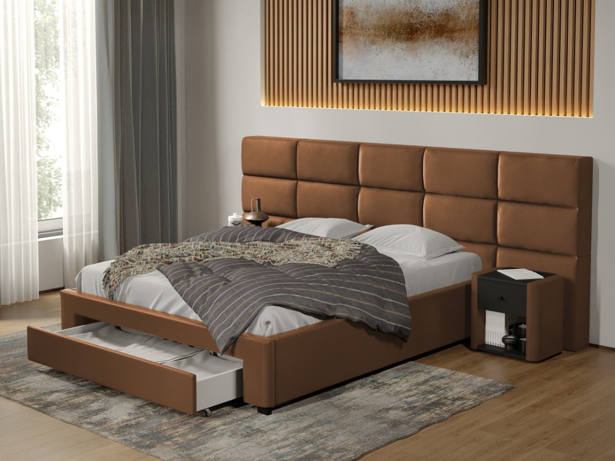 Pat tapitat Cico cu sertar 287 x 114 C2 din piele/stofa Maro - Nube 23