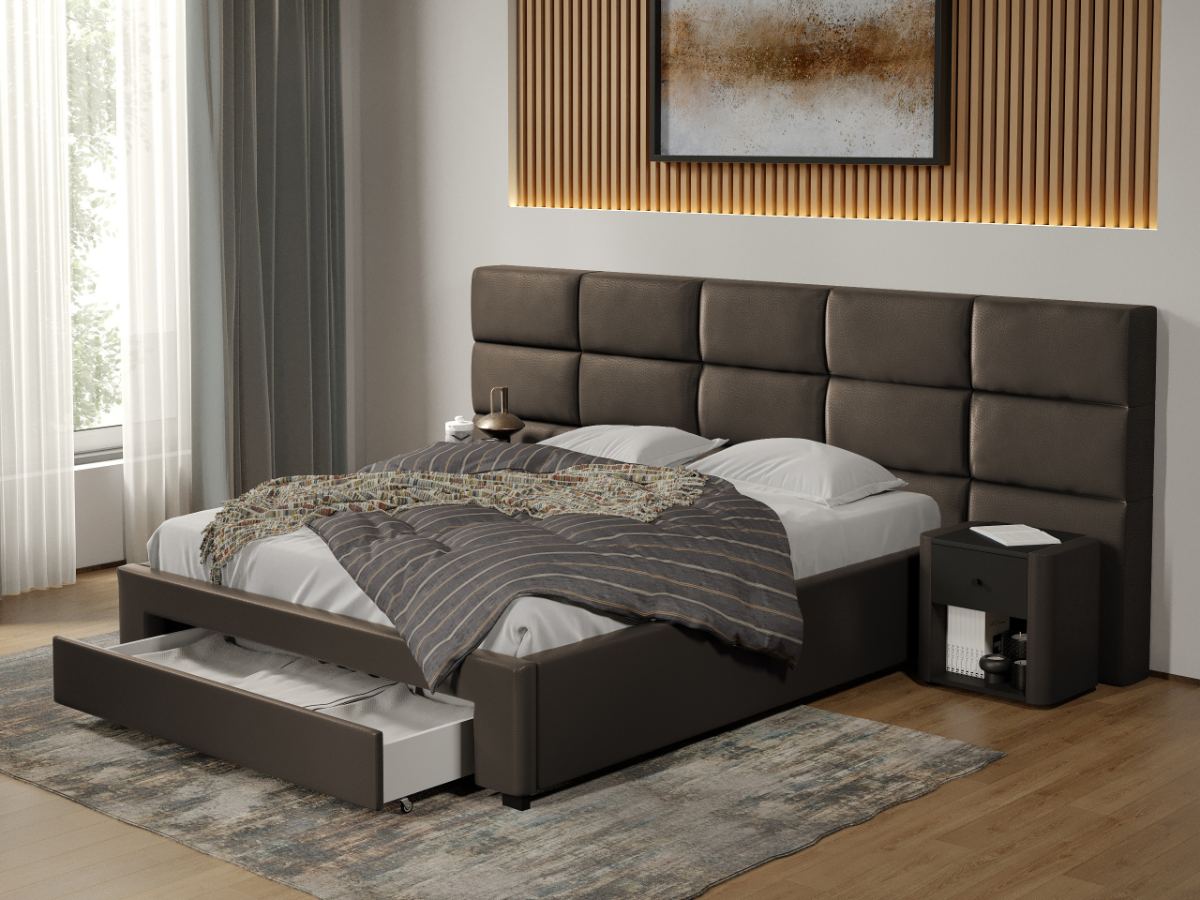 Pat tapitat Cico cu sertar 287 x 114 C2 din piele/stofa Ciocolatiu - Nube 29