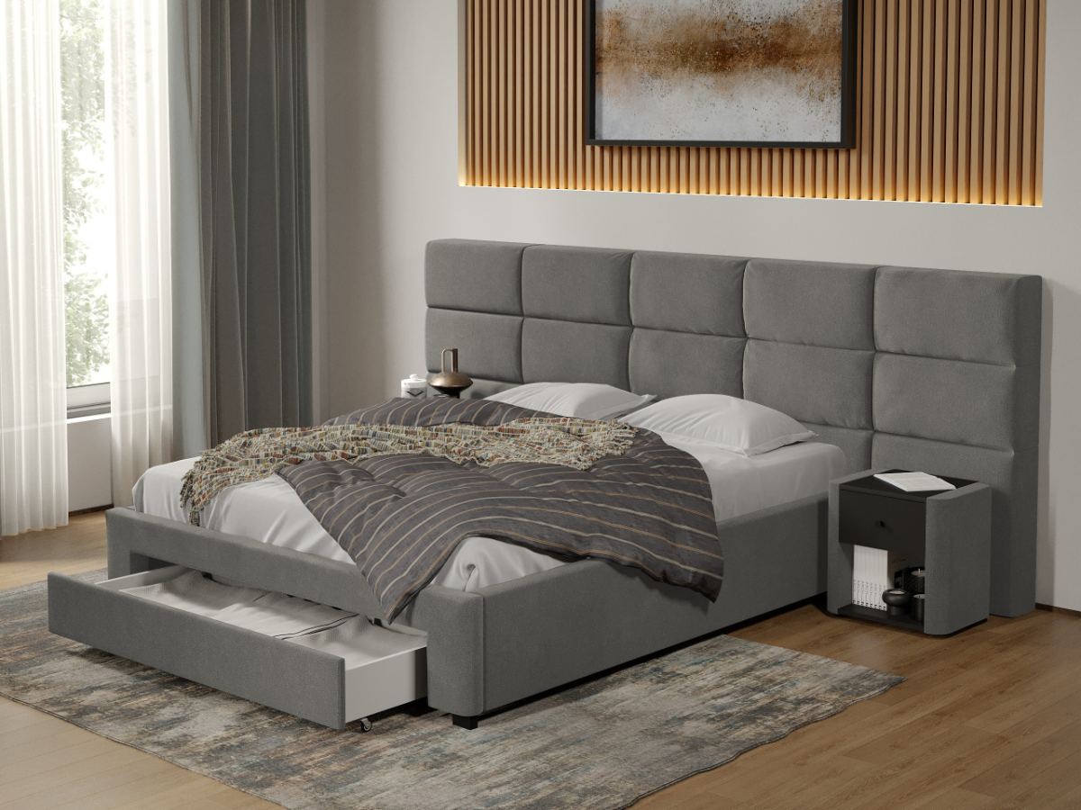 Pat tapitat Cico cu sertar 287 x 114 C2 din piele/stofa Gri - Falcone 21