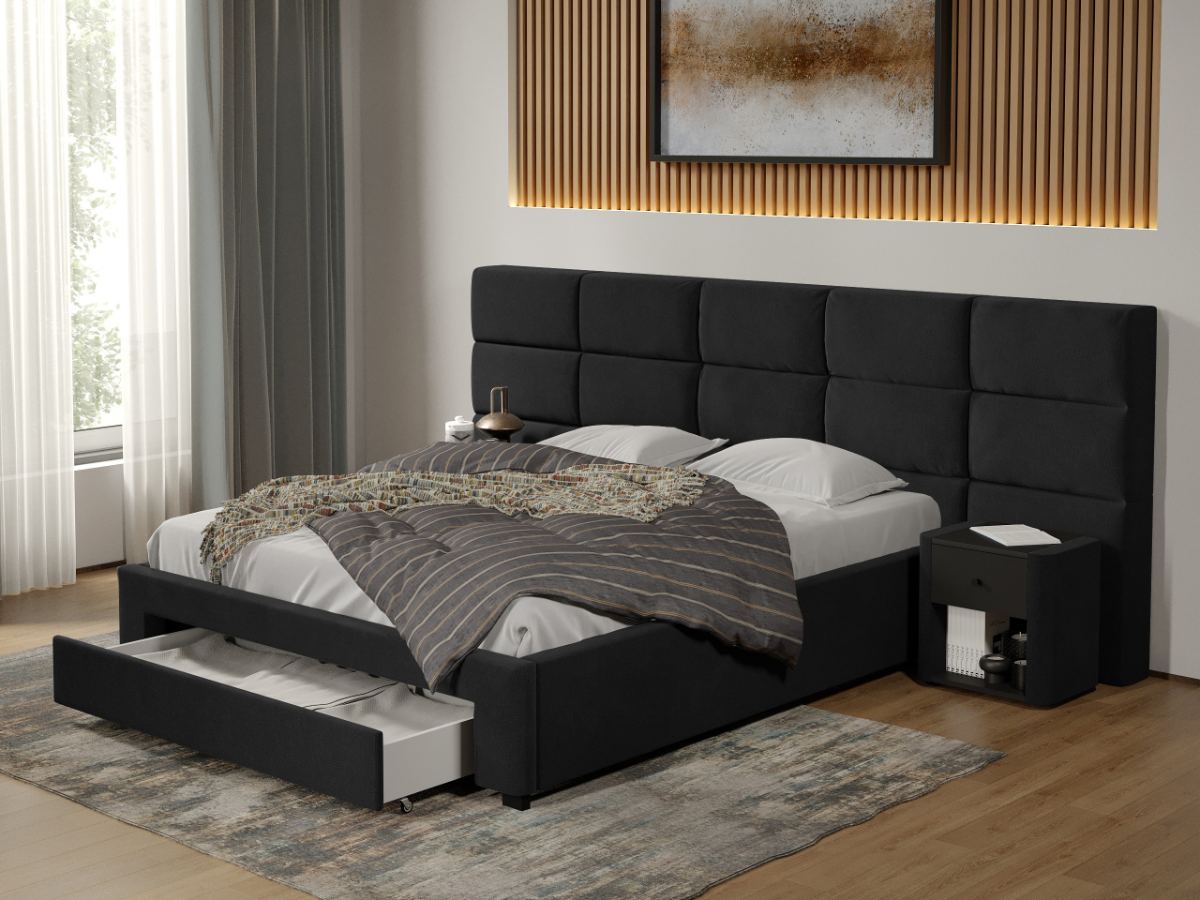 Pat tapitat Cico cu sertar 287 x 114 C2 din piele/stofa Negru - Falcone 14