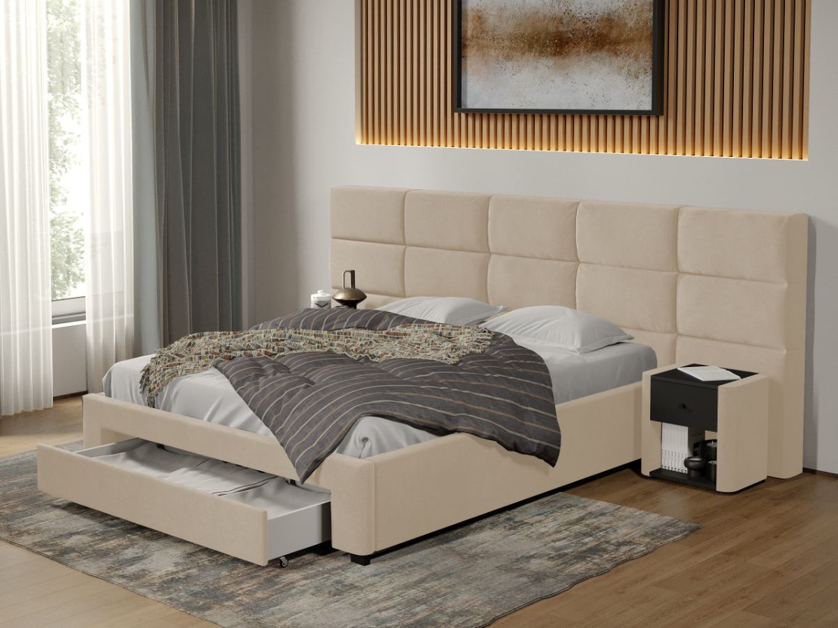 Pat tapitat Cico cu sertar 287 x 114 C2 din piele/stofa Bej - Falcone 102