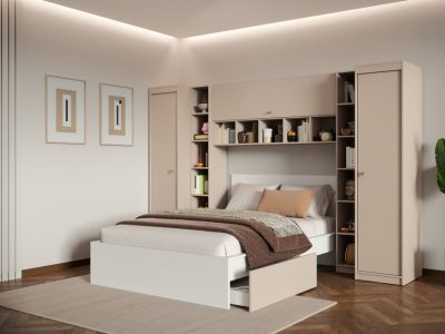 Set Mobila Dormitor pe Colt, Bej Casmir, pat incadrat, dulapuri si rafturi – Nara