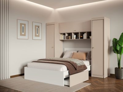 Set Mobila Dormitor pe Colt, Bej Casmir, pat incadrat, dulapuri – Nara