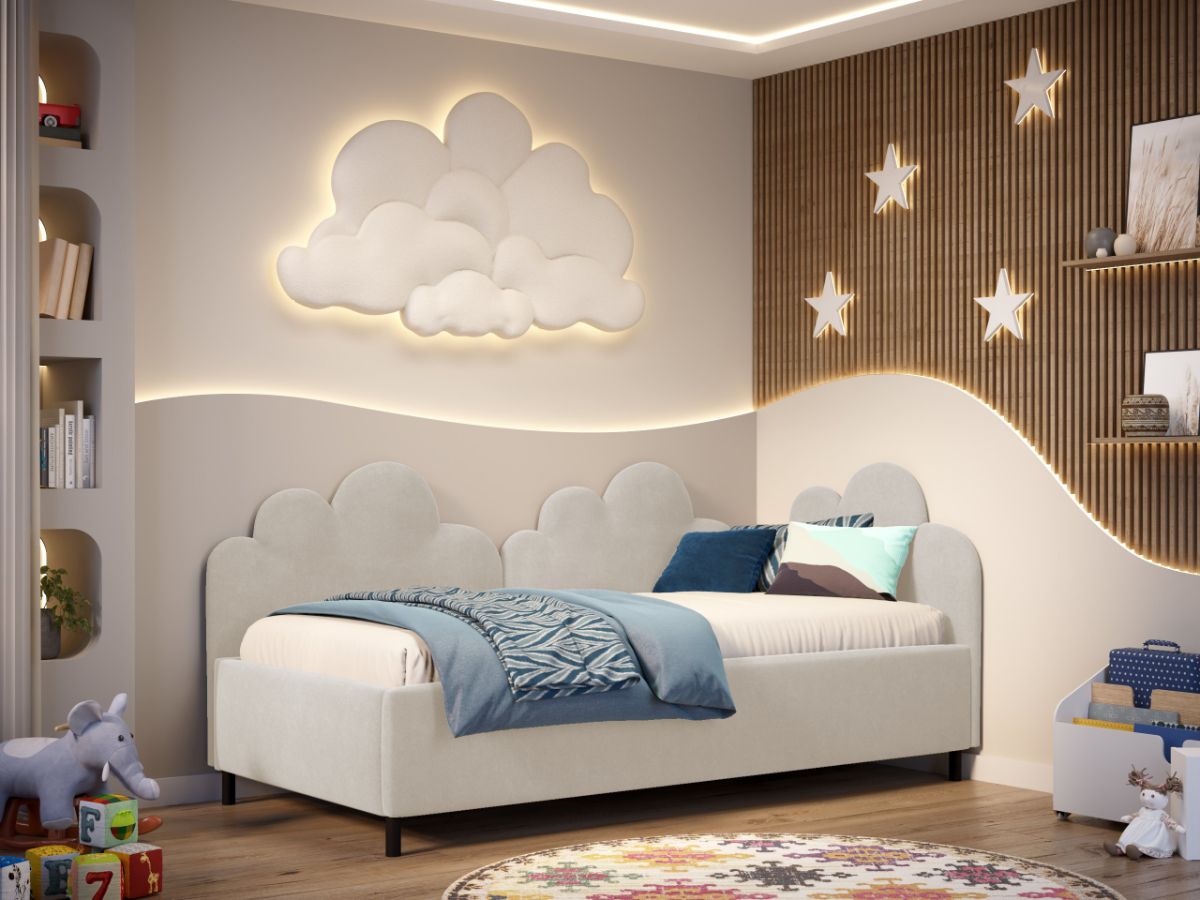 Pat de colt copii 90×190 cm, Fantasy, cu lada de depozitare, rabatabil, C2 Crem - Swing 1