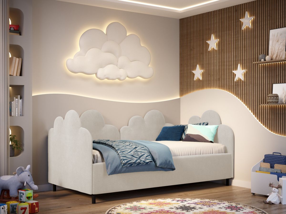 Pat de colt copii 90×190 cm, Fantasy, cu lada de depozitare, rabatabil, C3 Crem - Swing 1