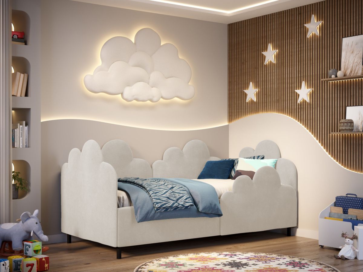Pat de colt copii 90×190 cm, Fantasy, cu lada de depozitare, rabatabil, C4 Crem - Swing 1