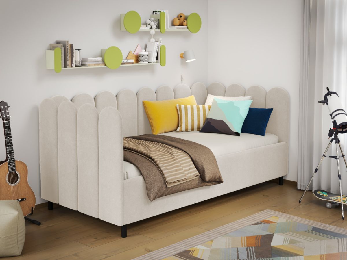 Pat de colt copii 90x190 cm, Ninio, cu lada de depozitare, rabatabil, C3 Crem - Swing 1