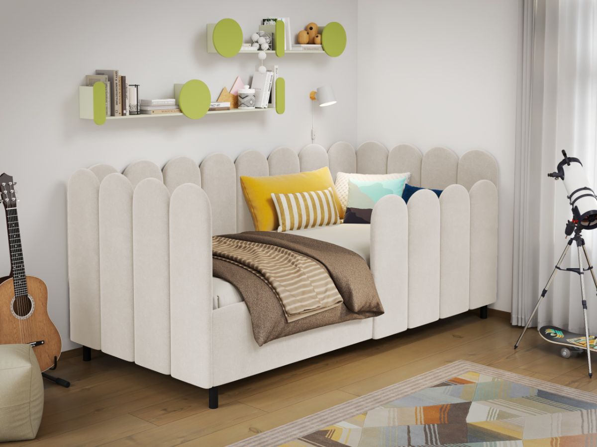 Pat de colt copii 90x190 cm, Ninio, cu lada de depozitare, rabatabil, C4 Crem - Swing 1