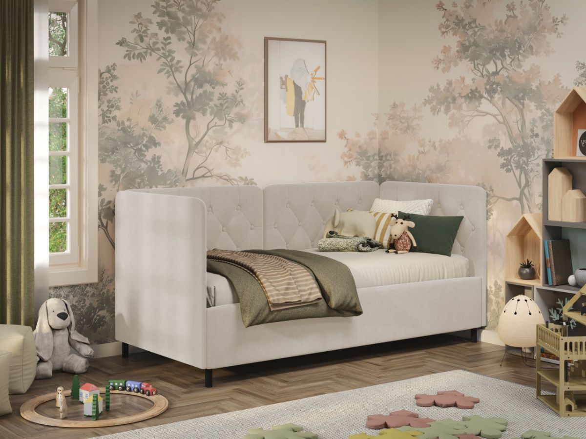 Pat de colt copii 90x190 cm, Nobo, cu lada de depozitare, rabatabil, C3 Crem - Swing 1