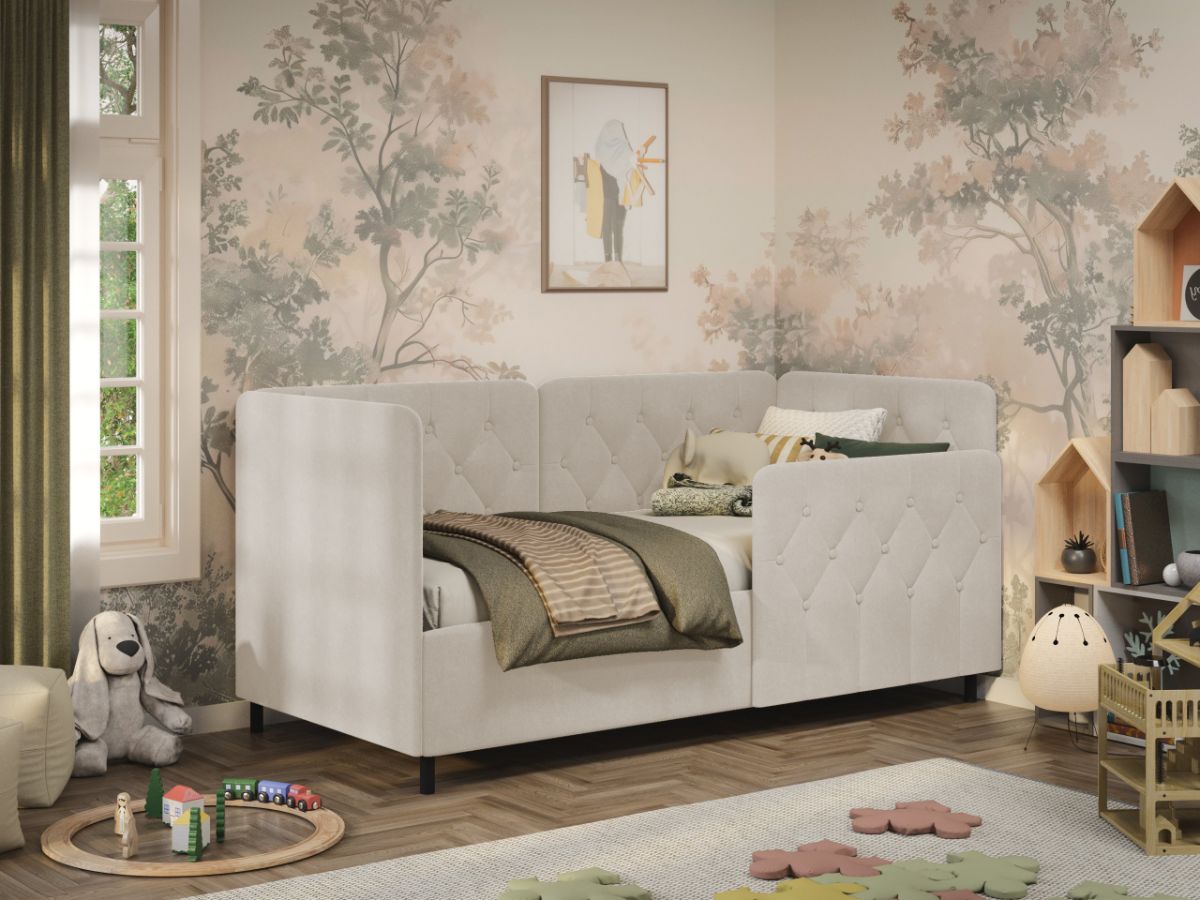 Pat de colt copii 90x190 cm, Nobo, cu lada de depozitare, rabatabil, C4 Crem - Swing 1