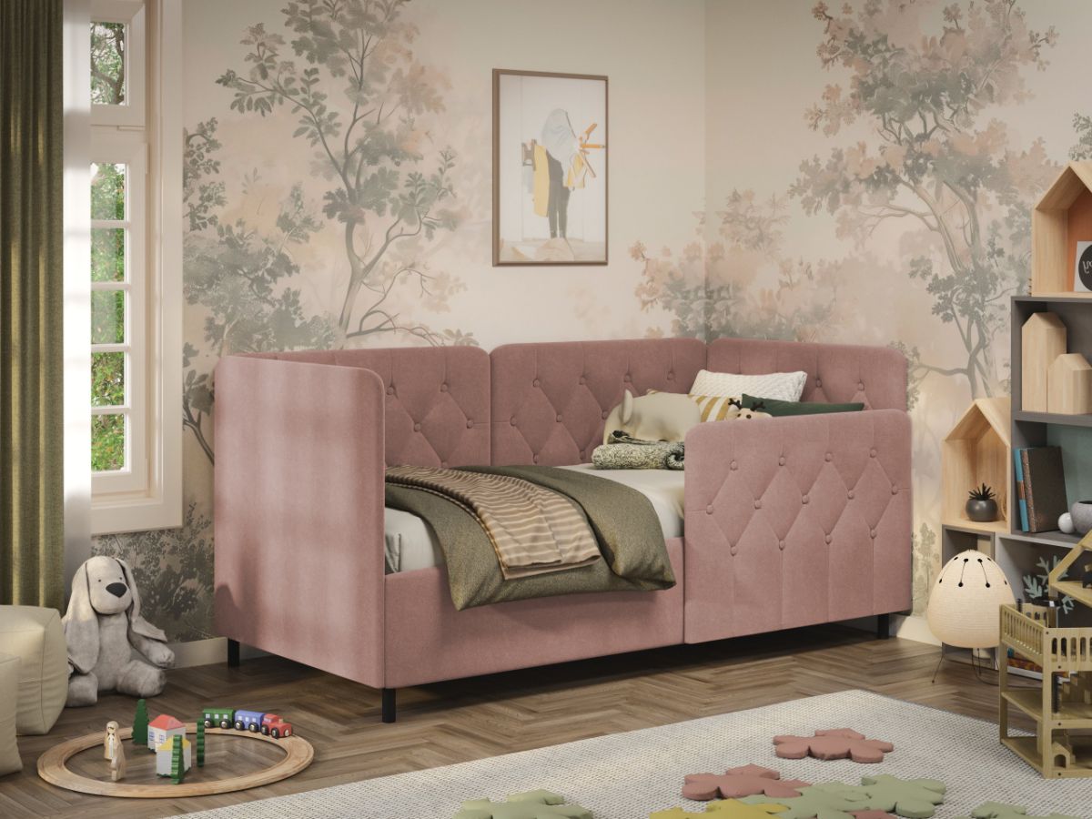 Pat de colt copii 90x190 cm, Nobo, cu lada de depozitare, rabatabil, C4 Roz - Swing 14