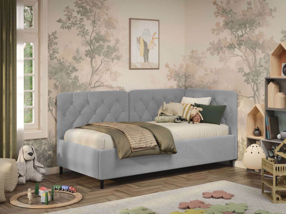 Pat de colt copii 90x190 cm, Nobo, cu lada de depozitare, rabatabil, C2 Gri - Swing 16