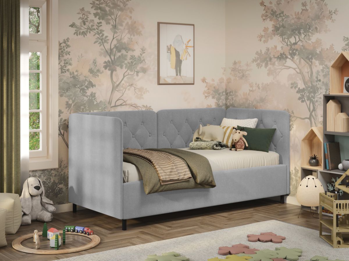 Pat de colt copii 90x190 cm, Nobo, cu lada de depozitare, rabatabil, C3 Gri - Swing 16