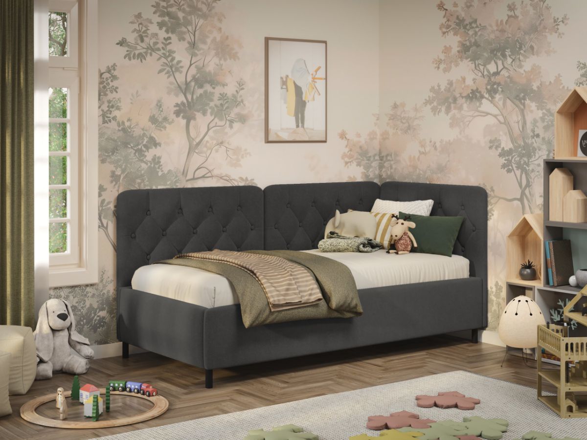 Pat de colt copii 90x190 cm, Nobo, cu lada de depozitare, rabatabil, C2 Gri antracit - Swing 19