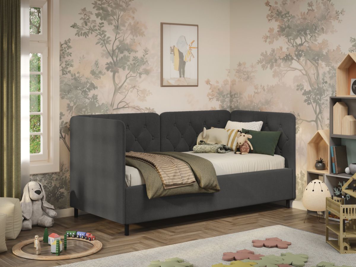 Pat de colt copii 90x190 cm, Nobo, cu lada de depozitare, rabatabil, C3 Gri antracit - Swing 19