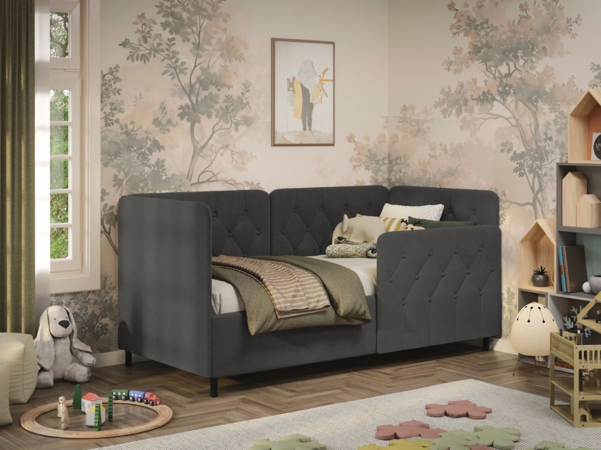 Pat de colt copii 90x190 cm, Nobo, cu lada de depozitare, rabatabil, C4 Gri antracit - Swing 19