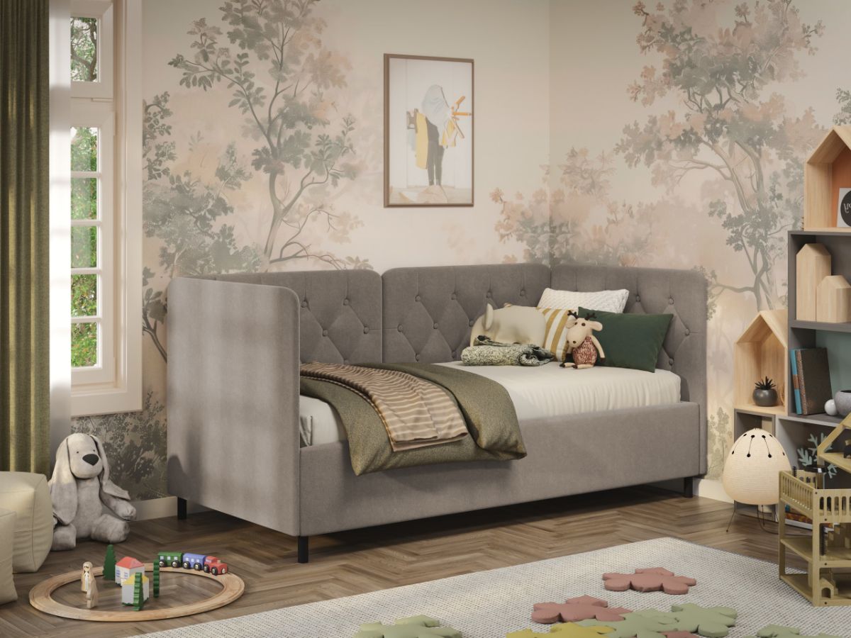 Pat de colt copii 90x190 cm, Nobo, cu lada de depozitare, rabatabil, C3 Bej - Swing 2
