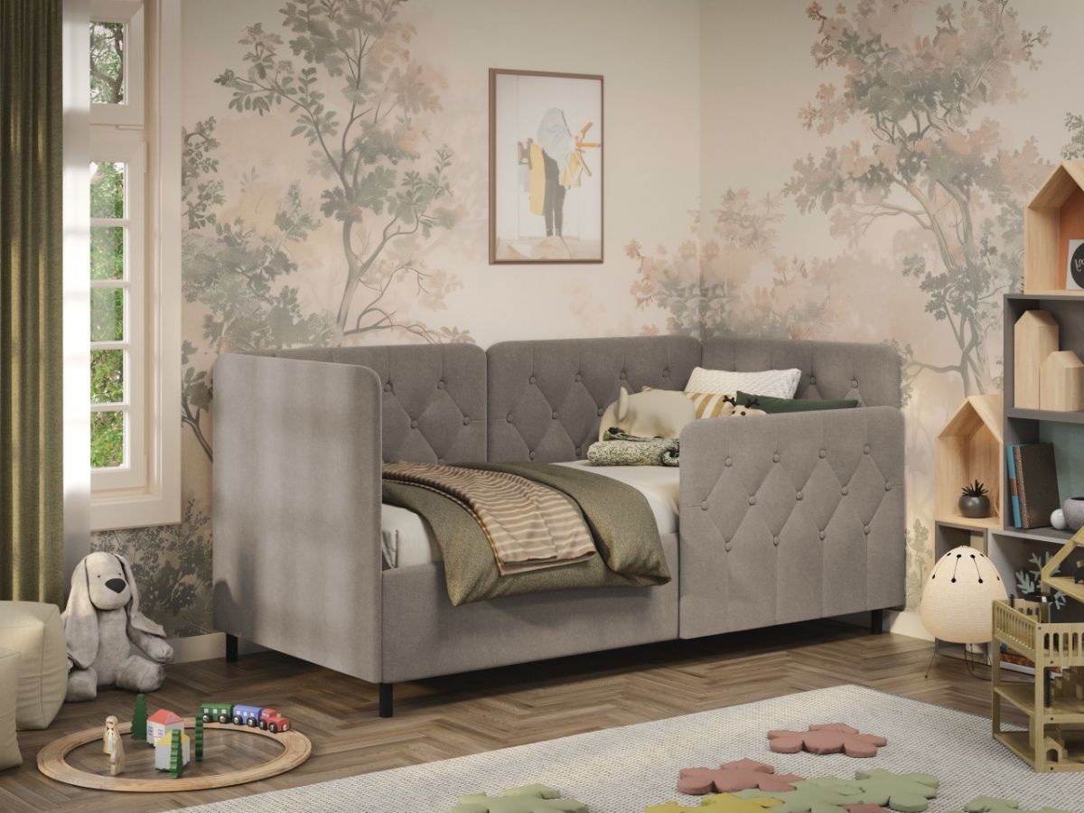 Pat de colt copii 90x190 cm, Nobo, cu lada de depozitare, rabatabil, C4 Bej - Swing 2