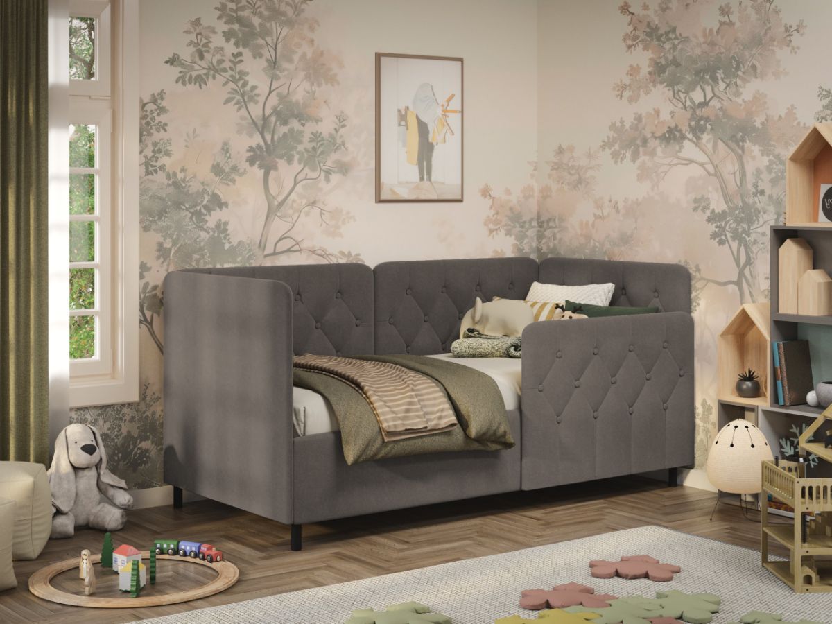 Pat de colt copii 90x190 cm, Nobo, cu lada de depozitare, rabatabil, C4 Cappuccino - Swing 4