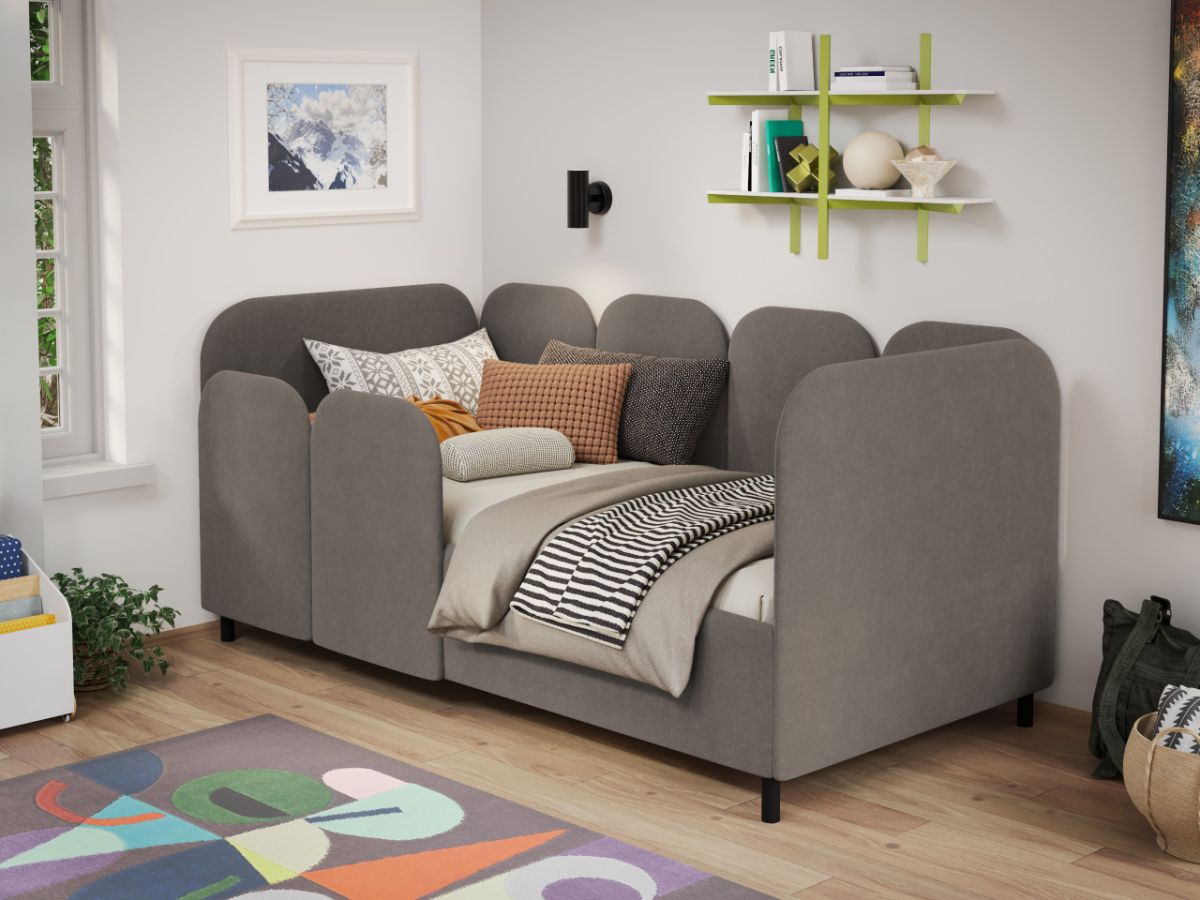 Pat de colt copii 90x190 cm, Peqenia, cu lada de depozitare, rabatabil, C4 Cappuccino - Swing 4